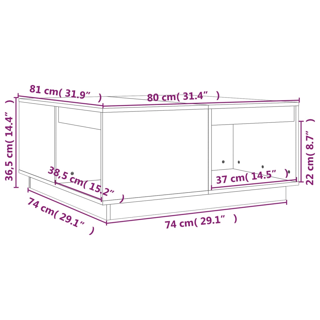 vidaXL Salongbord honningbrun 80x81x36,5 cm heltre furu