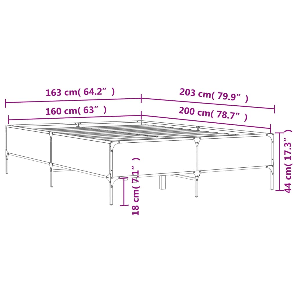 vidaXL Sengeramme røkt eik 160x200 cm konstruert tre og metall