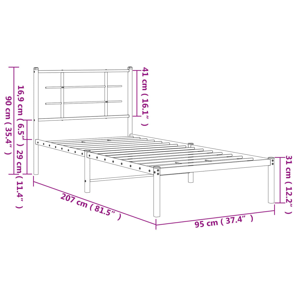 vidaXL Sengeramme i metall med hodegavl hvit 90x200 cm