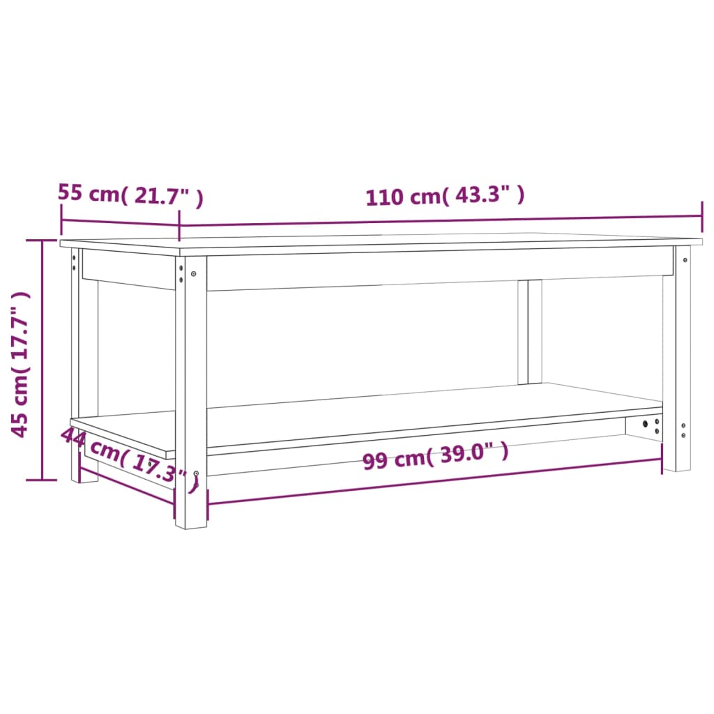 vidaXL Salongbord grå 110x55x45 cm heltre furu