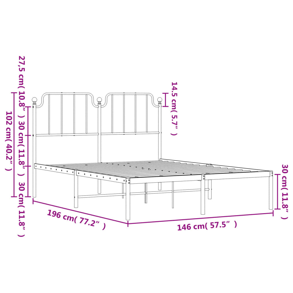 vidaXL Sengeramme i metall med hodegavl hvit 140x190 cm