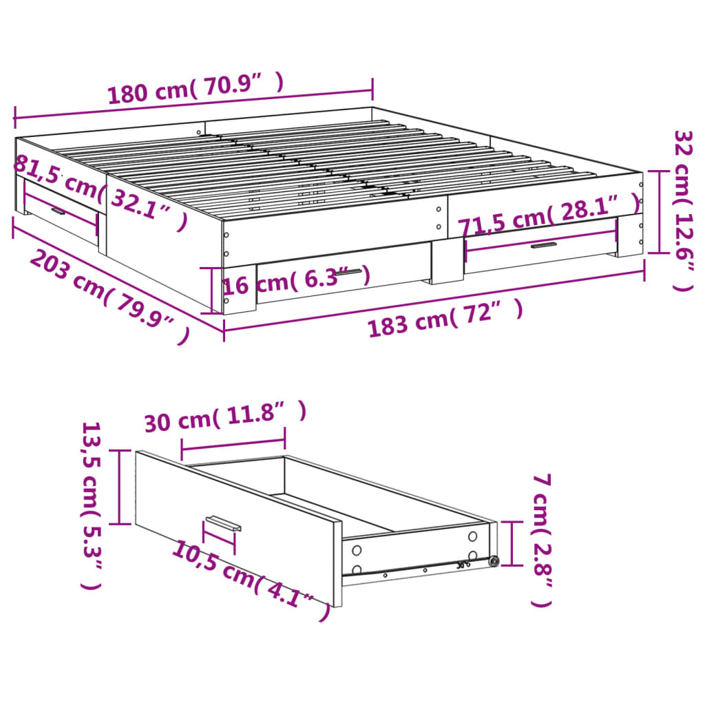 vidaXL Sengeramme med skuffer brun eik 180x200 cm konstruert tre