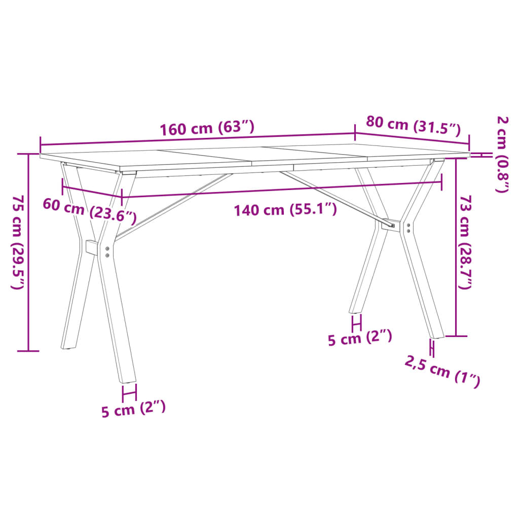 vidaXL Spisebord Y-ramme 160x80x75 cm heltre furu og støpejern