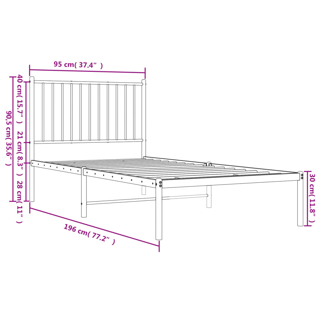 vidaXL Sengeramme i metall med hodegavl hvit 90x190 cm