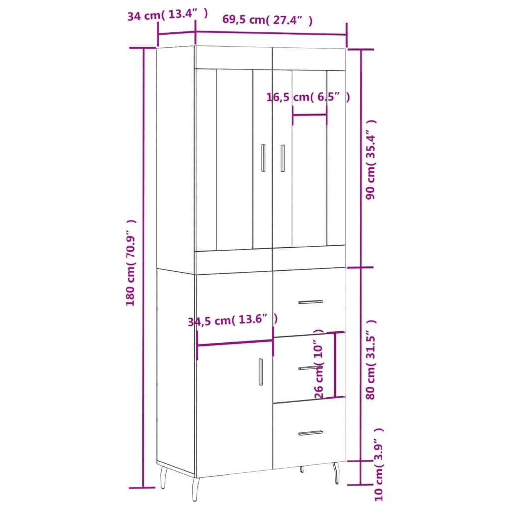 vidaXL Highboard svart 69,5x34x180 cm konstruert tre