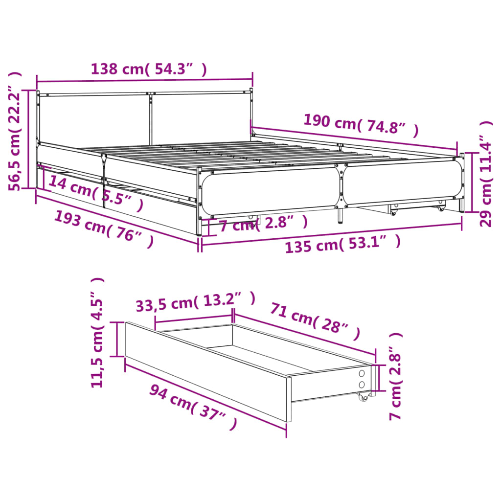 vidaXL Sengeramme med skuffer sonoma eik 135x190 cm konstruert tre