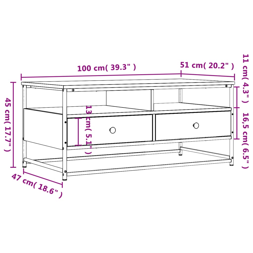 vidaXL Salongbord sonoma eik 100x51x45 cm konstruert tre