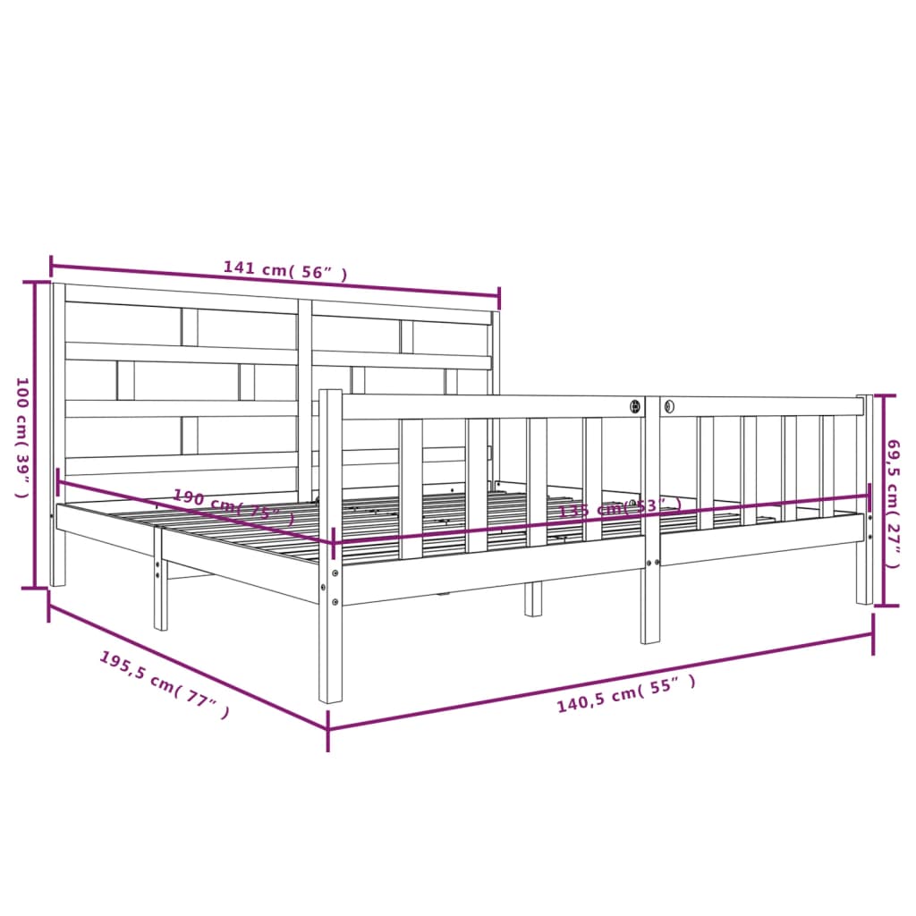 vidaXL Sengeramme heltre furu 135x190 cm Double