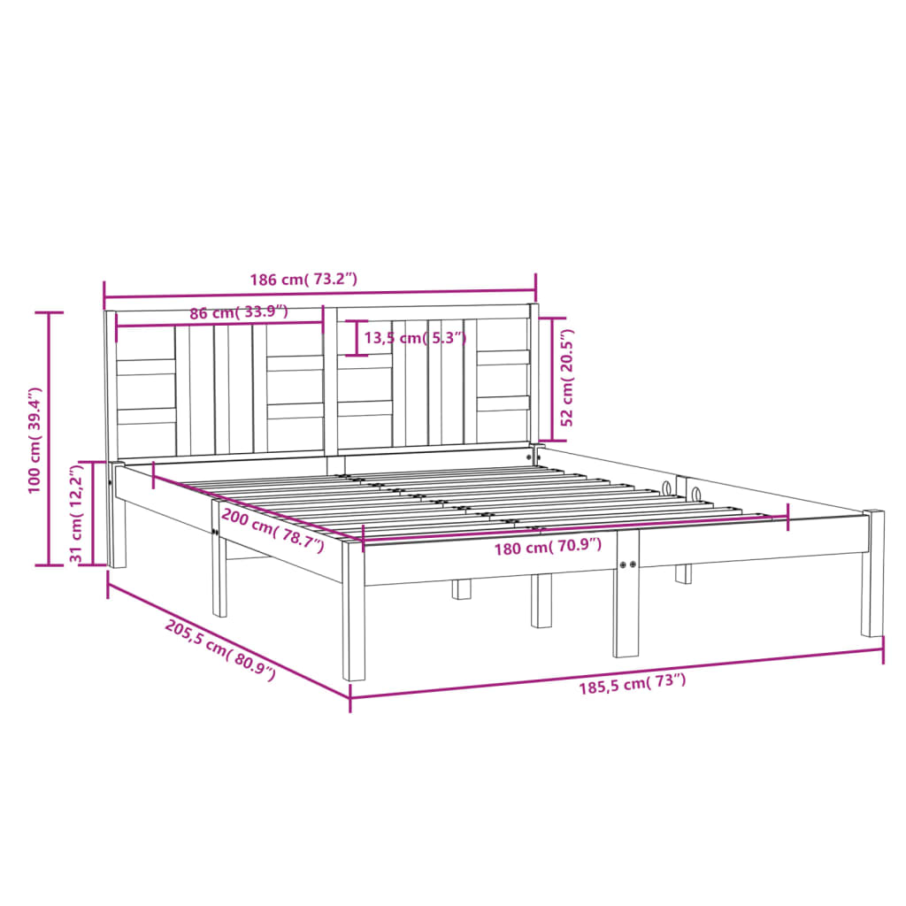 vidaXL Sengeramme hvit heltre 180x200 cm 6FT Super King