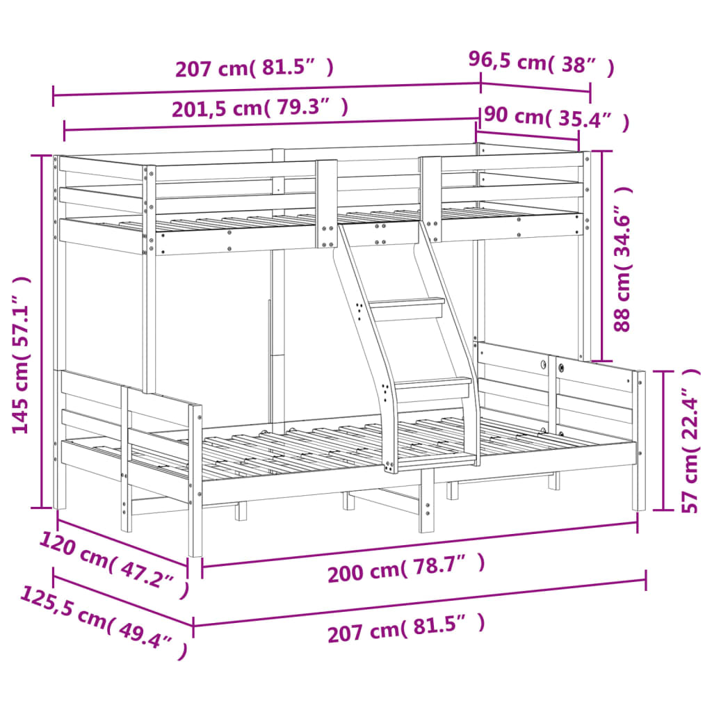 vidaXL Køyeseng 90x200/120x200 cm heltre furu