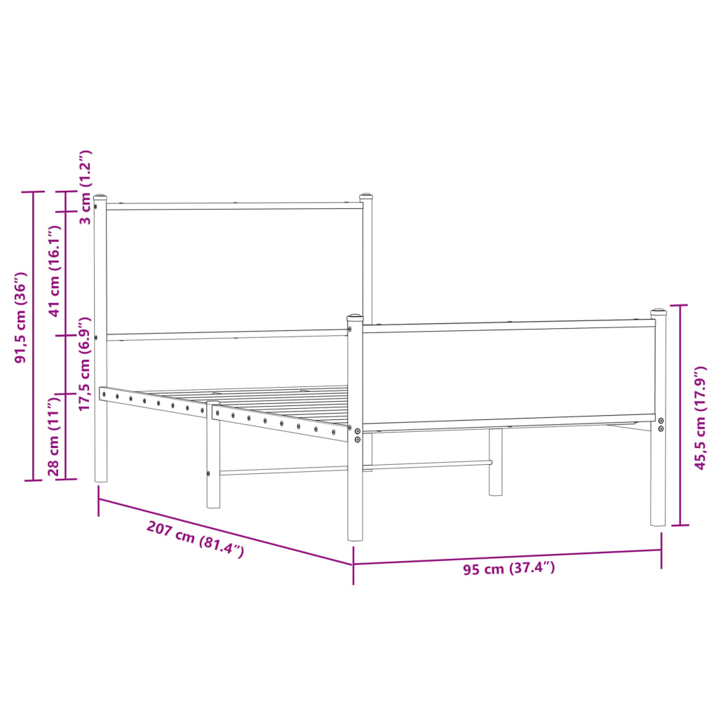 vidaXL Sengeramme i metall uten madrass røkt eik 90x200 cm