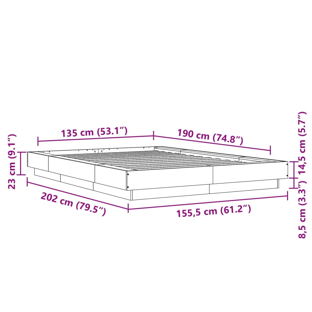 vidaXL Sengeramme med LED-lys hvit 135x190 cm konstruert tre