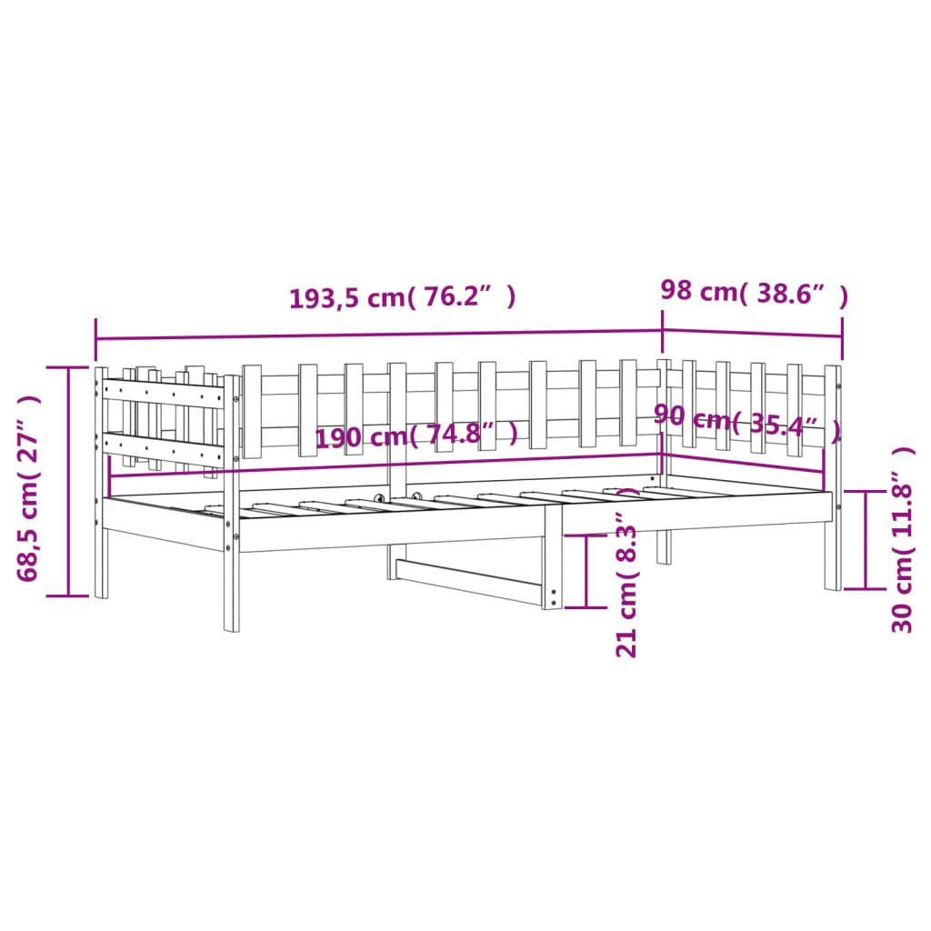 vidaXL Dagseng uten madrass hvit 90x190 cm heltre furu