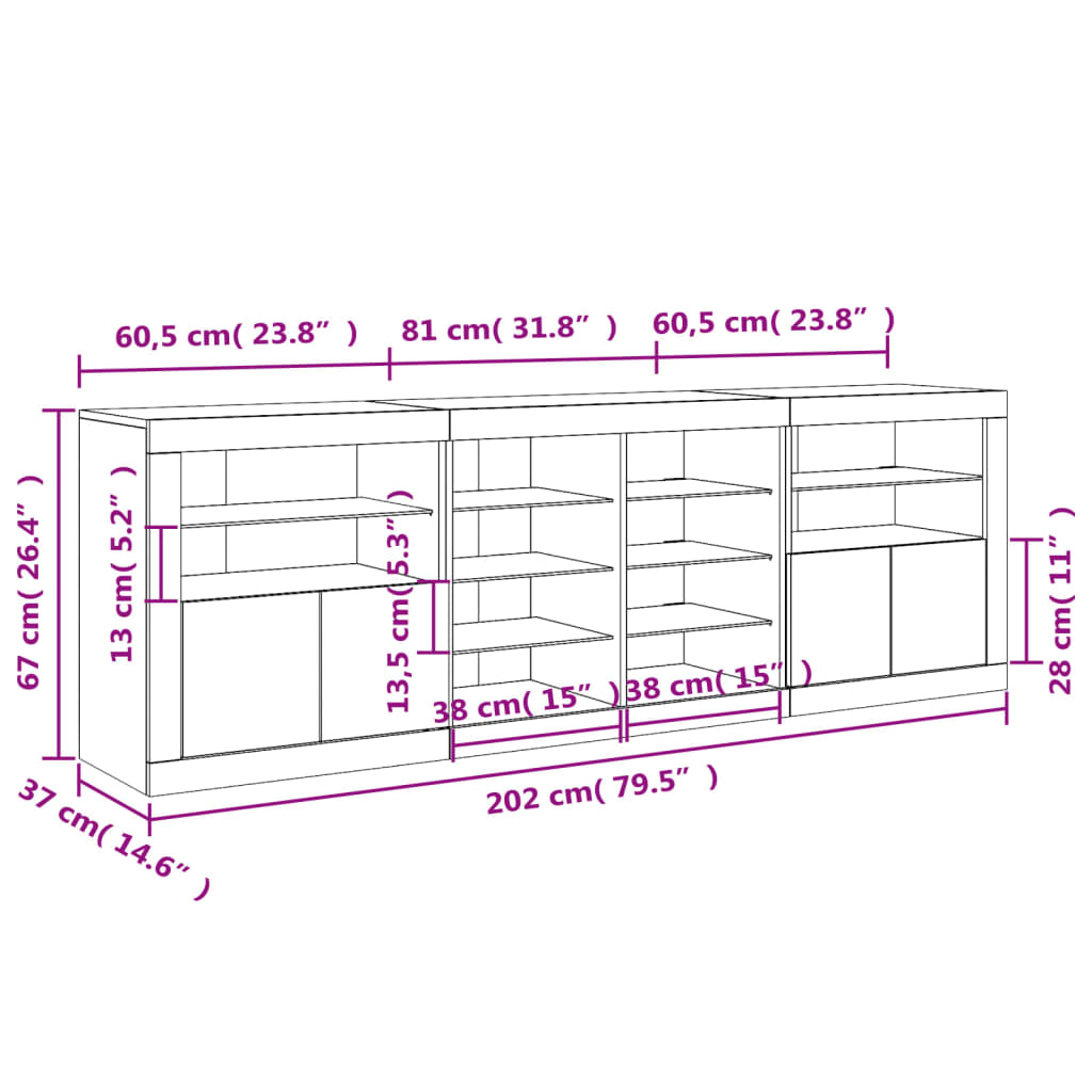 vidaXL Skjenk med LED-lys hvit 202x37x67 cm