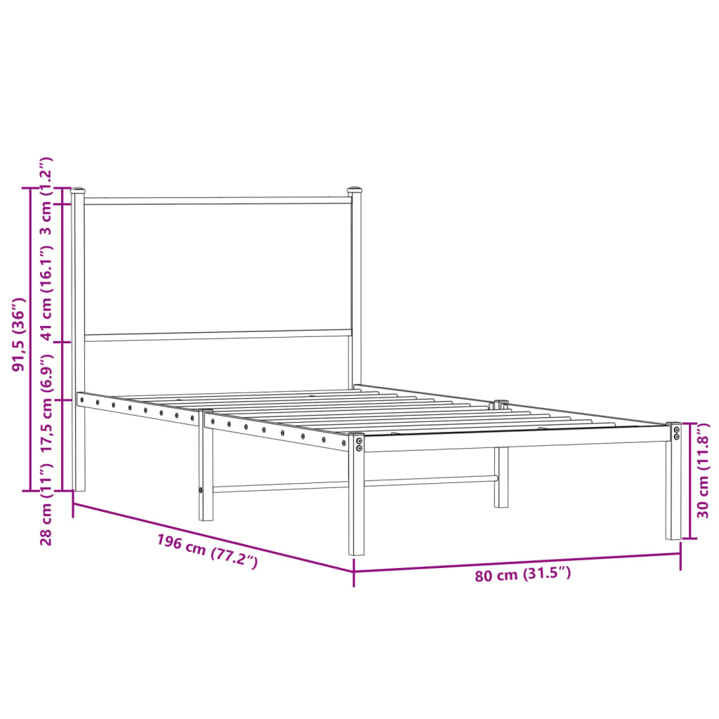 vidaXL Sengeramme i metall uten madrass røkt eik 75x190 cm