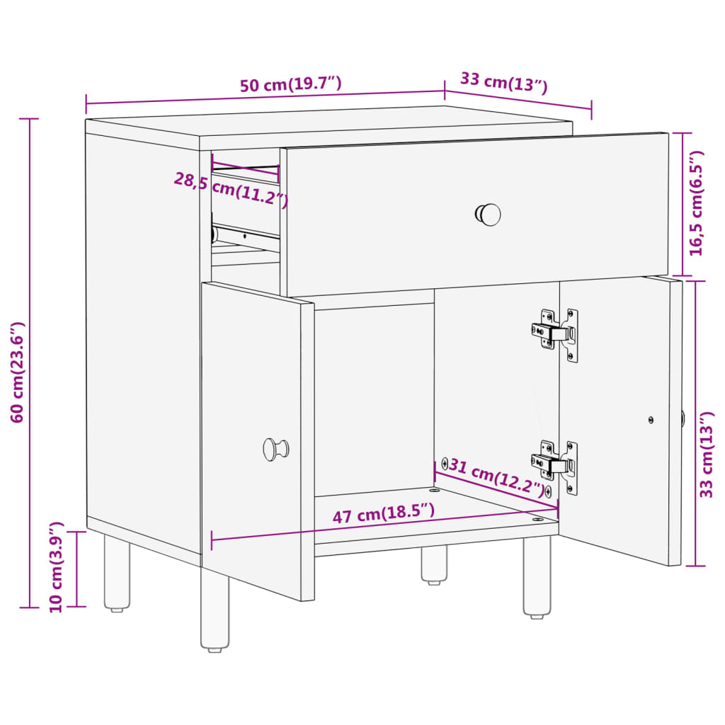 vidaXL Nattbord 50x33x60 cm heltre mango