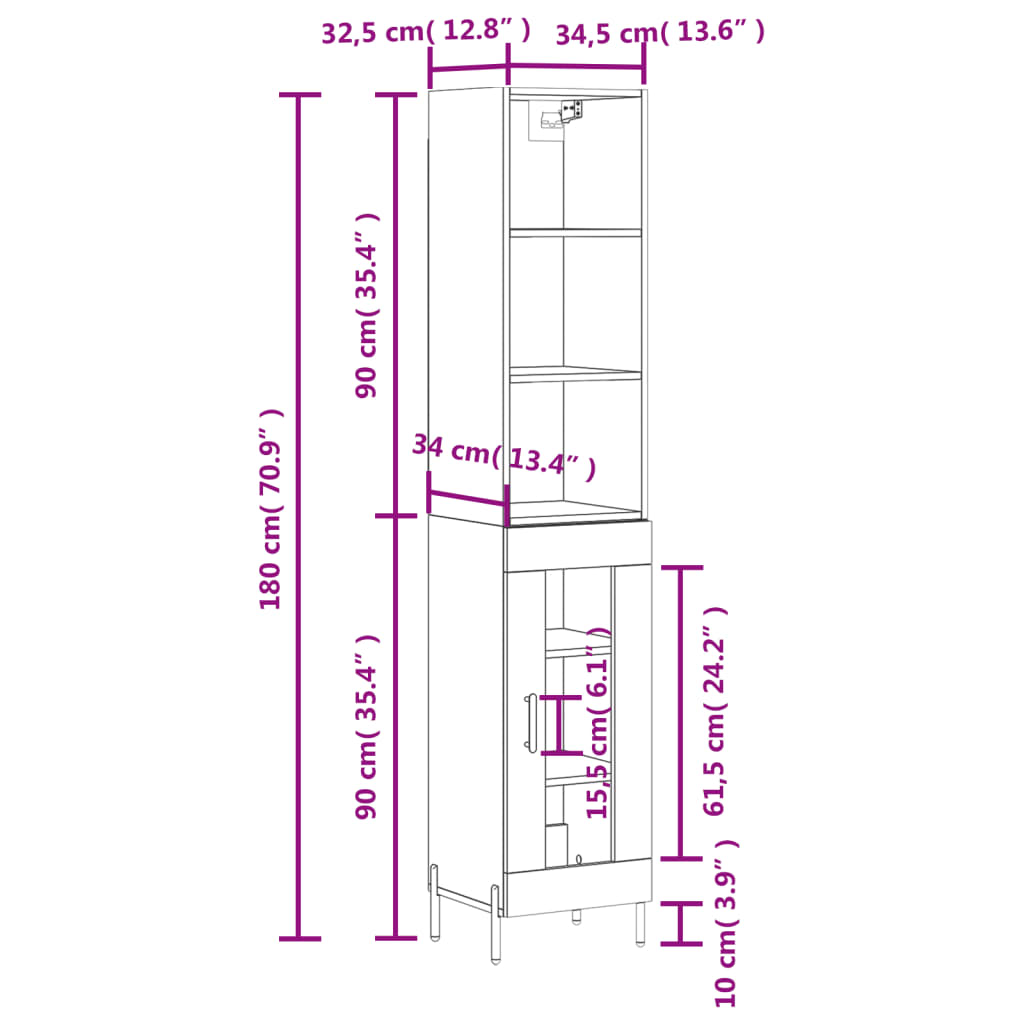 vidaXL Highboard høyglans hvit 34,5x34x180 cm konstruert tre