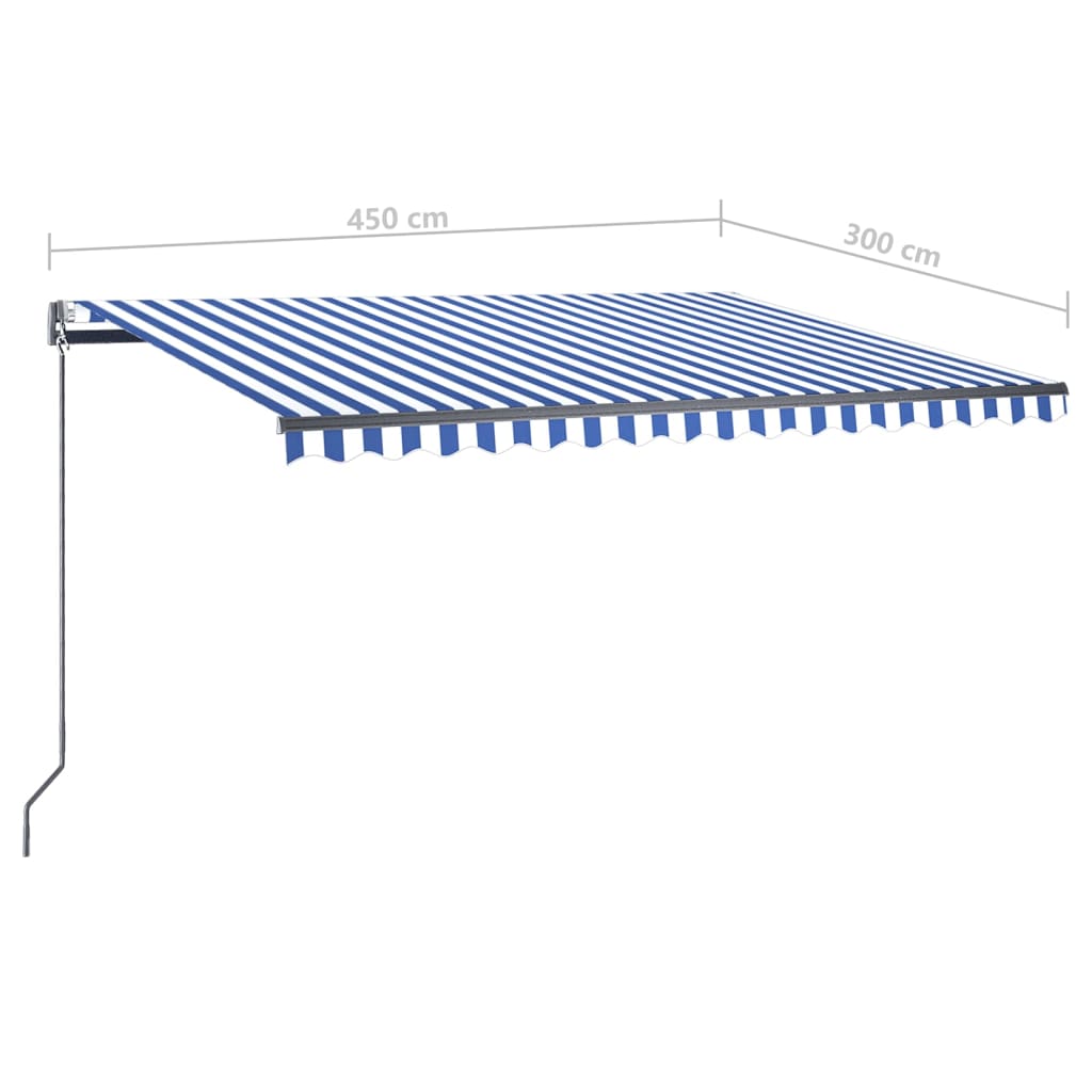 vidaXL Automatisk markise med vindsensor og LED 450x300 cm blå og hvit