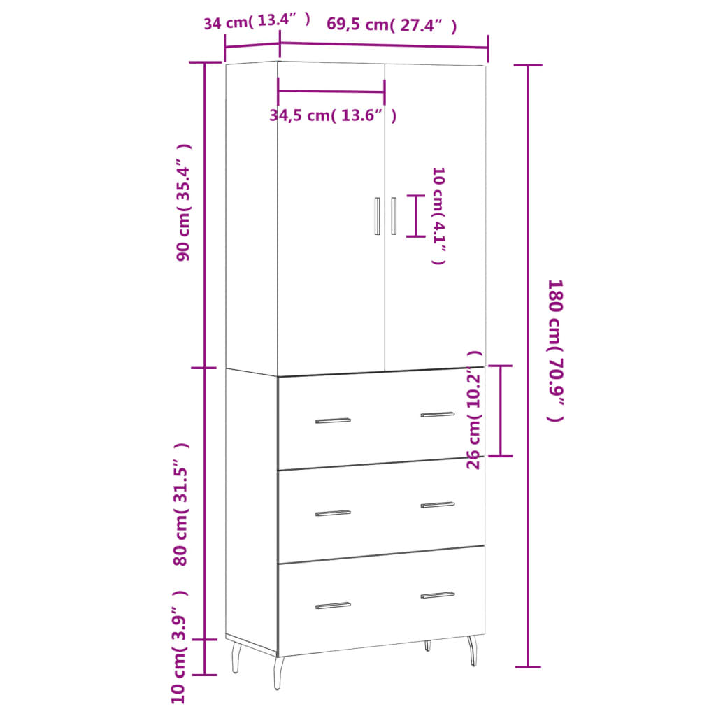 vidaXL Highboard sonoma eik 69,5x34x180 cm konstruert tre