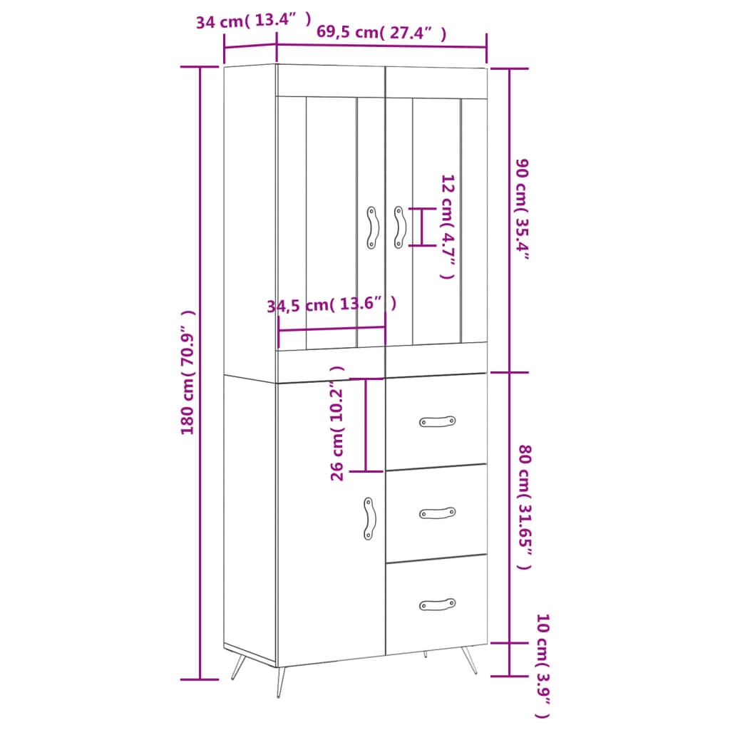 vidaXL Highboard svart 69,5x34x180 cm konstruert tre