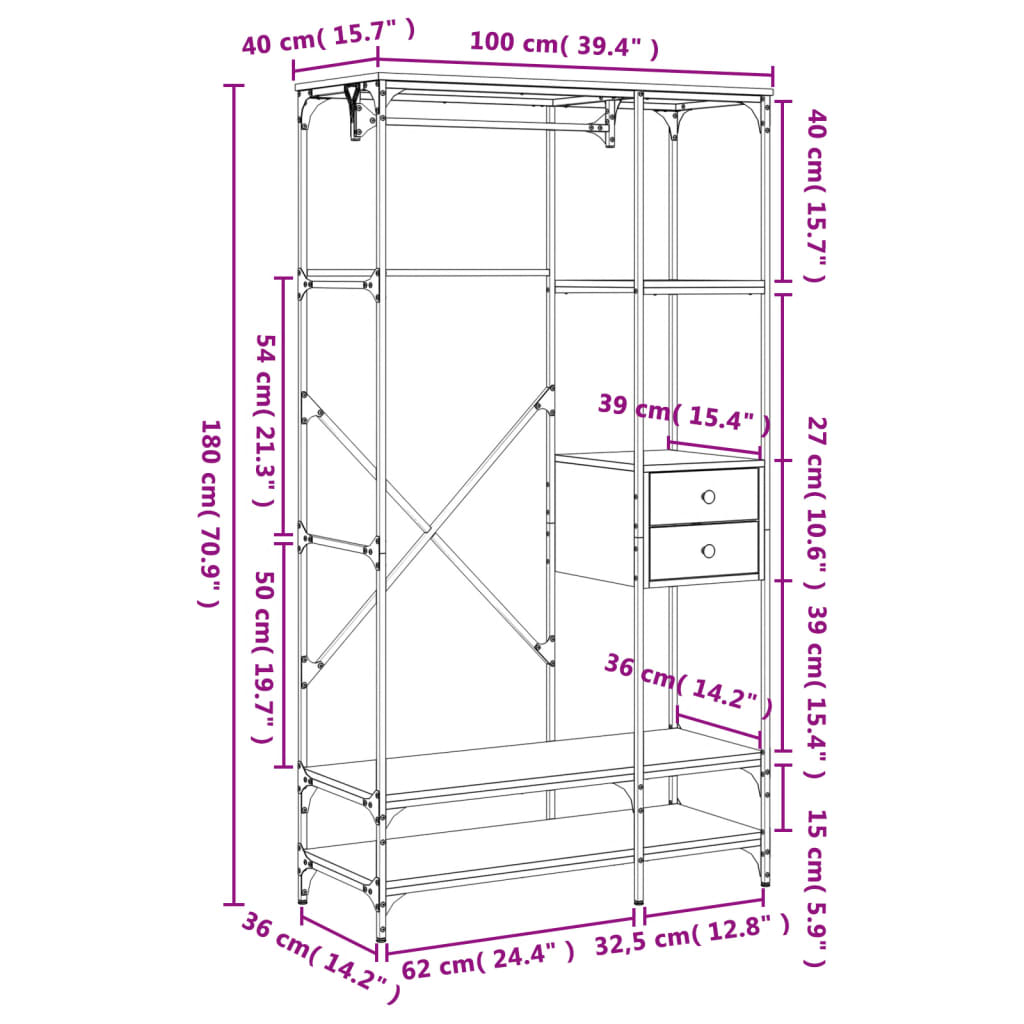 vidaXL Garderobe med skuffer brun eik 100x40x180 cm konstruert tre