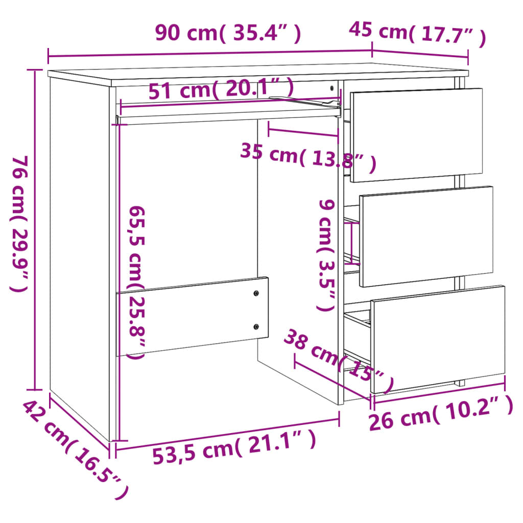 vidaXL Skrivebord hvit 90x45x76 cm konstruert tre