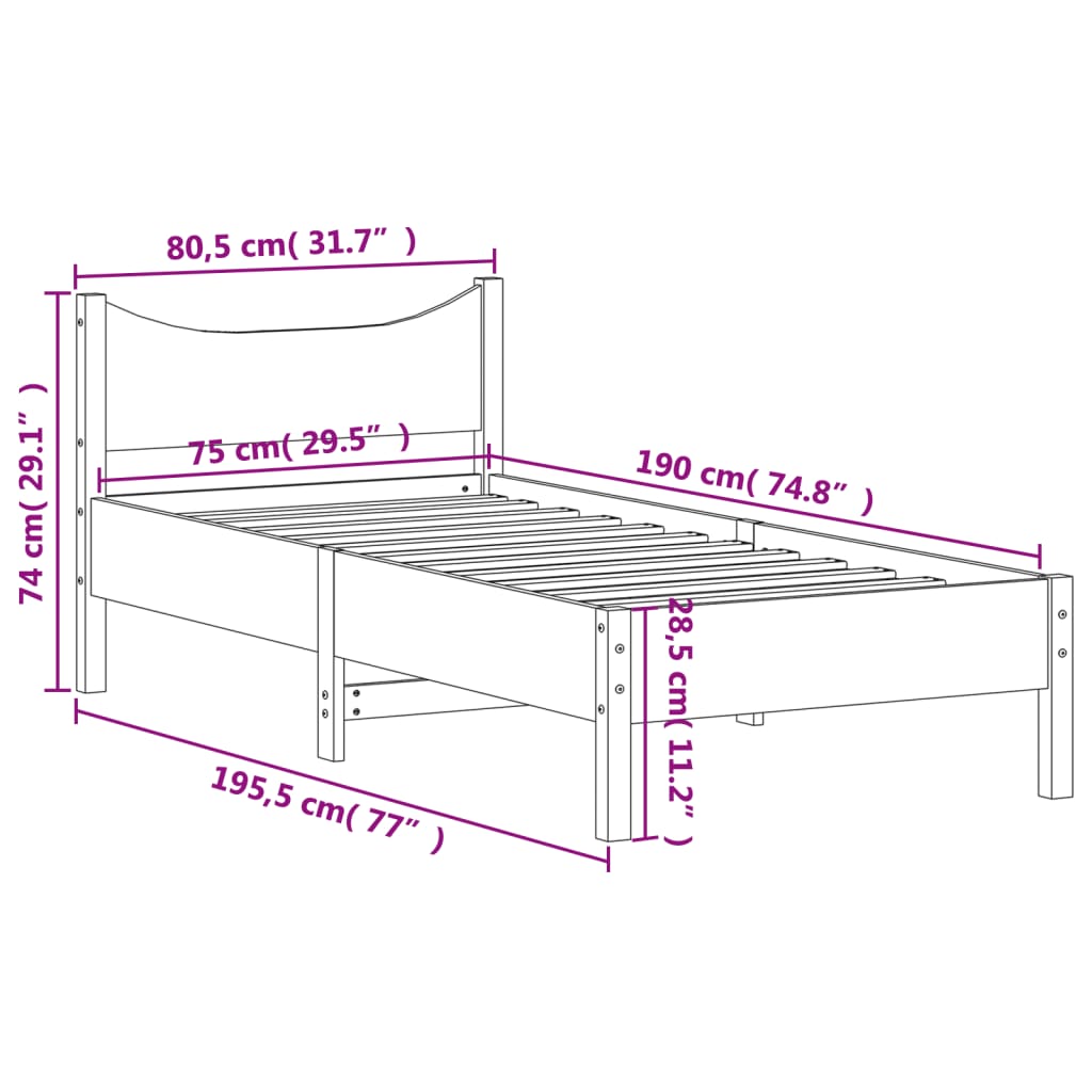 vidaXL Sengeramme uten madrass voksbrun 75x190 cm heltre furu