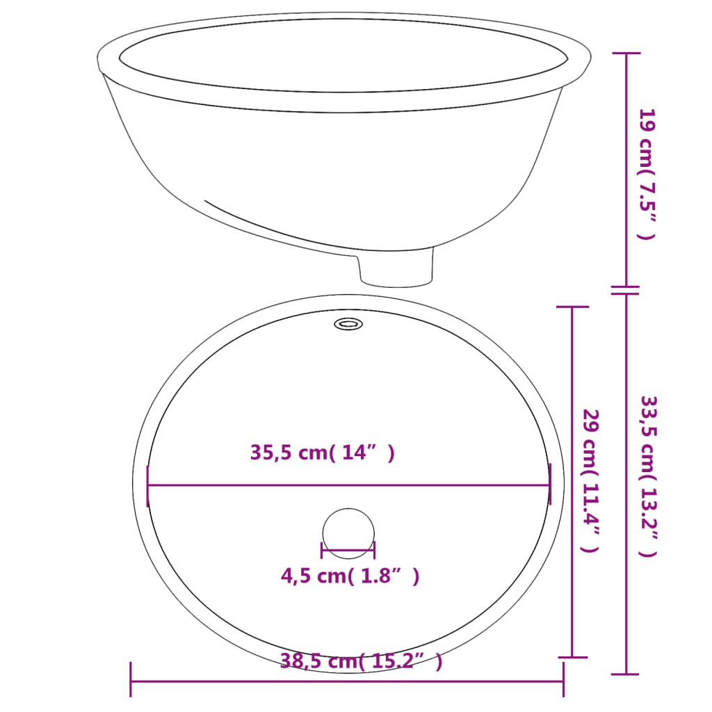 vidaXL Baderomsvask hvit 38,5x33,5x19 cm oval keramikk
