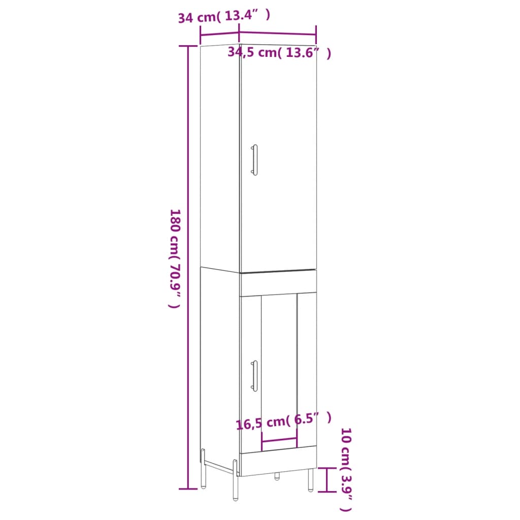 vidaXL Highboard brun eik 34,5x34x180 cm konstruert tre