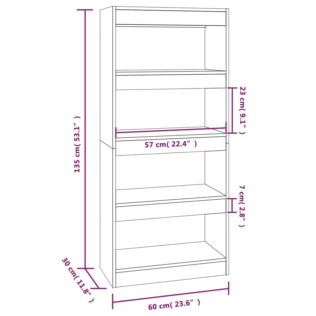 vidaXL Bokhylle/romdeler sonoma eik 60x30x135 cm konstruert tre