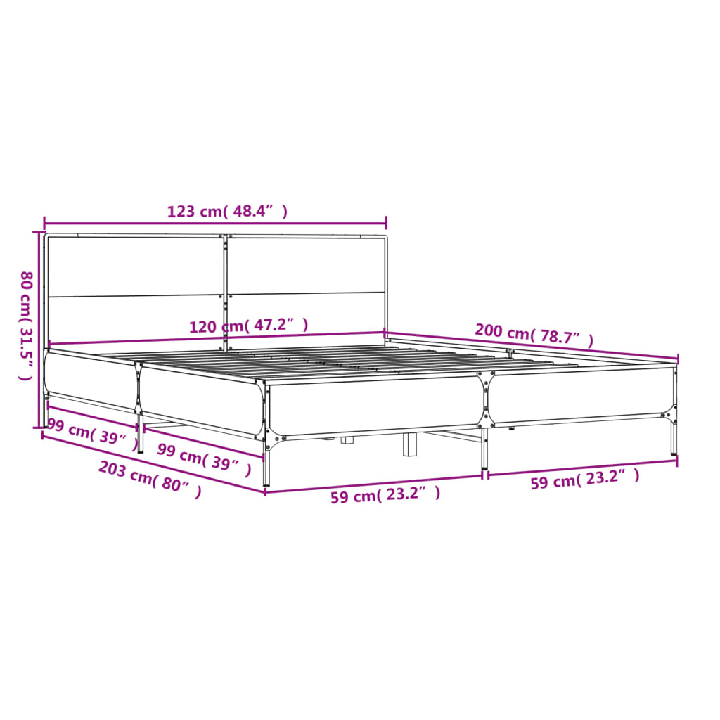 vidaXL Sengeramme brun eik 120x200 cm konstruert tre og metall