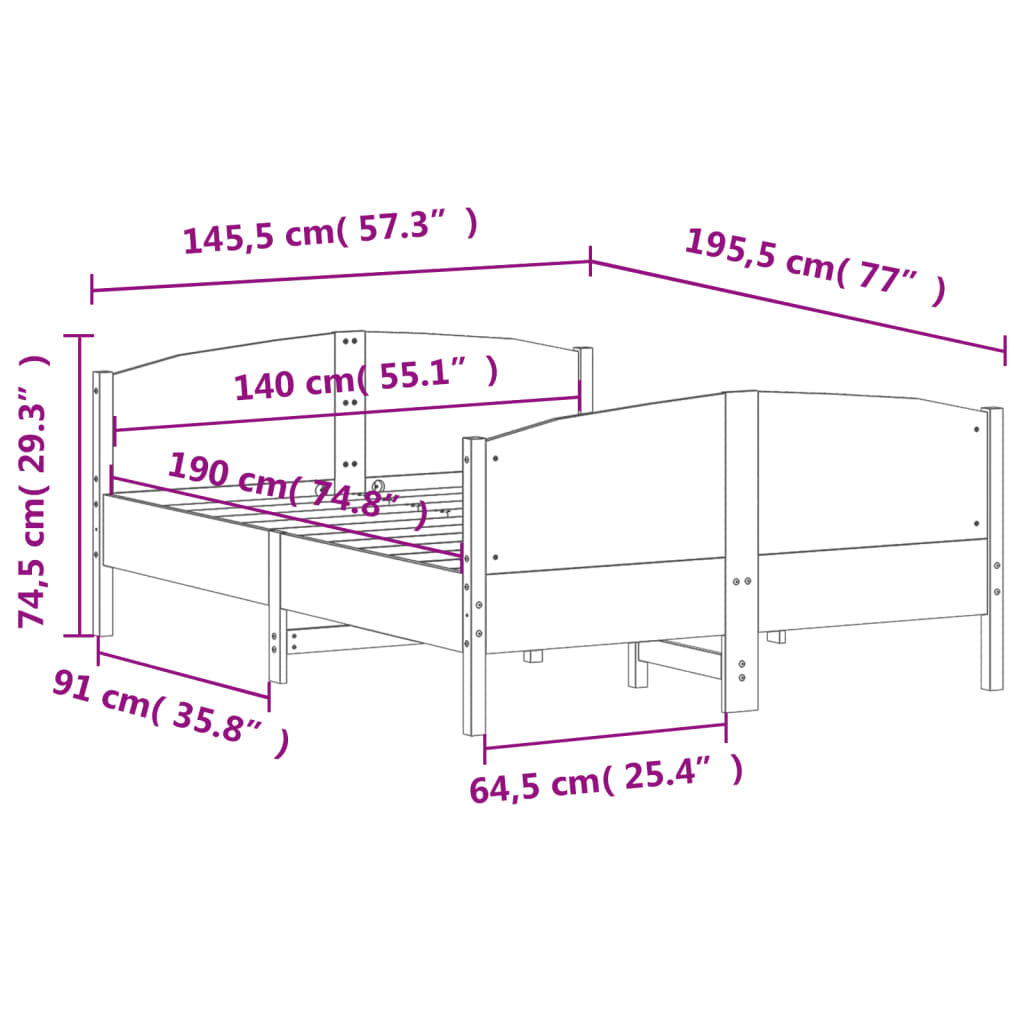 vidaXL Sengeramme uten madrass 140x190 cm heltre furu