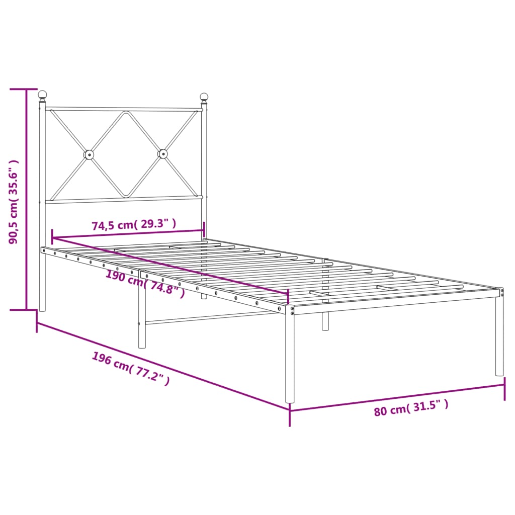 vidaXL Sengeramme i metall uten madrass med hodegavl hvit 75x190 cm