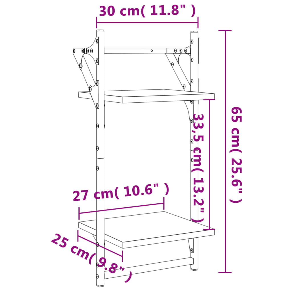 vidaXL Vegghyller med 2 hyller stenger 2 stk røkt eik 30x25x65 cm