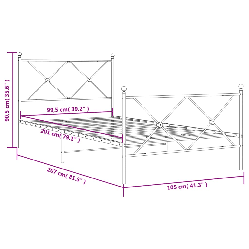 vidaXL Sengeramme i metall med hode- og fotgavl hvit 100x200 cm