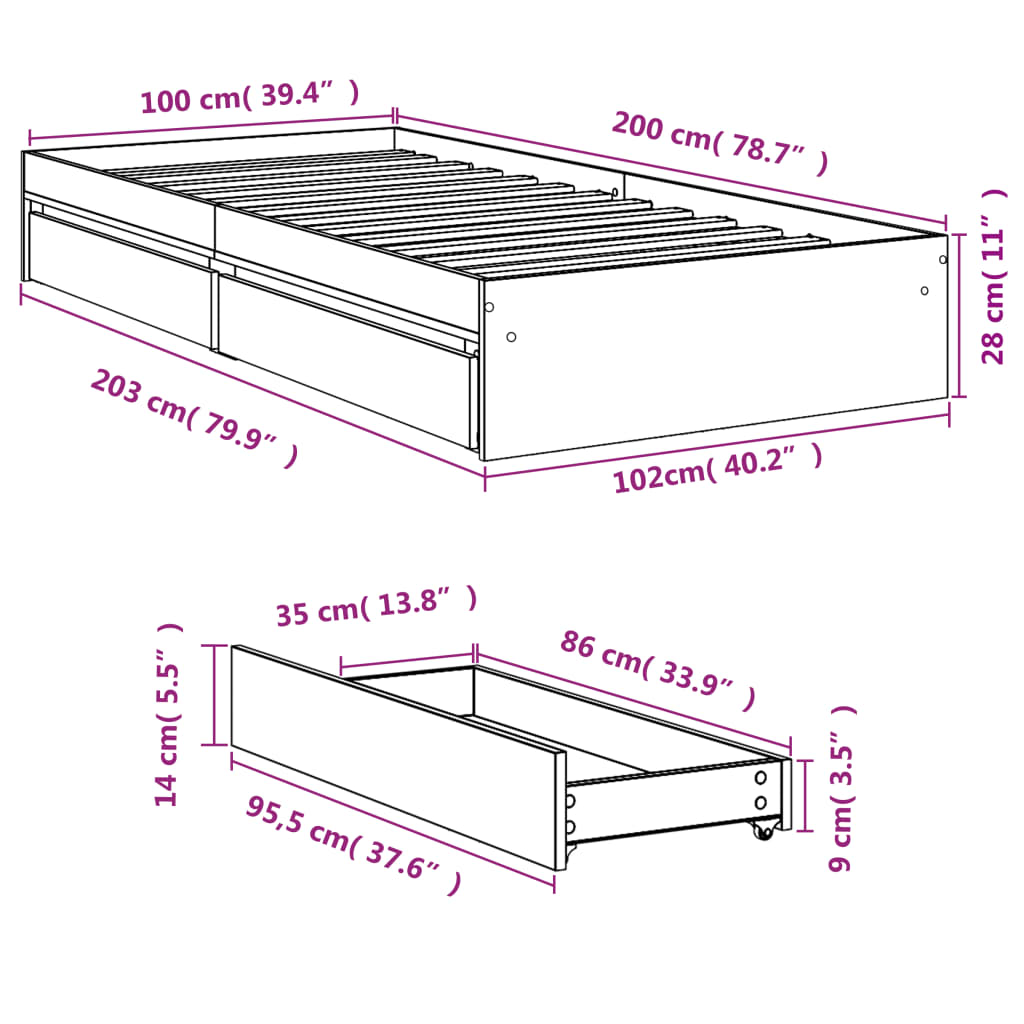 vidaXL Sengeramme med skuffer grå sonoma 100x200 cm konstruert tre