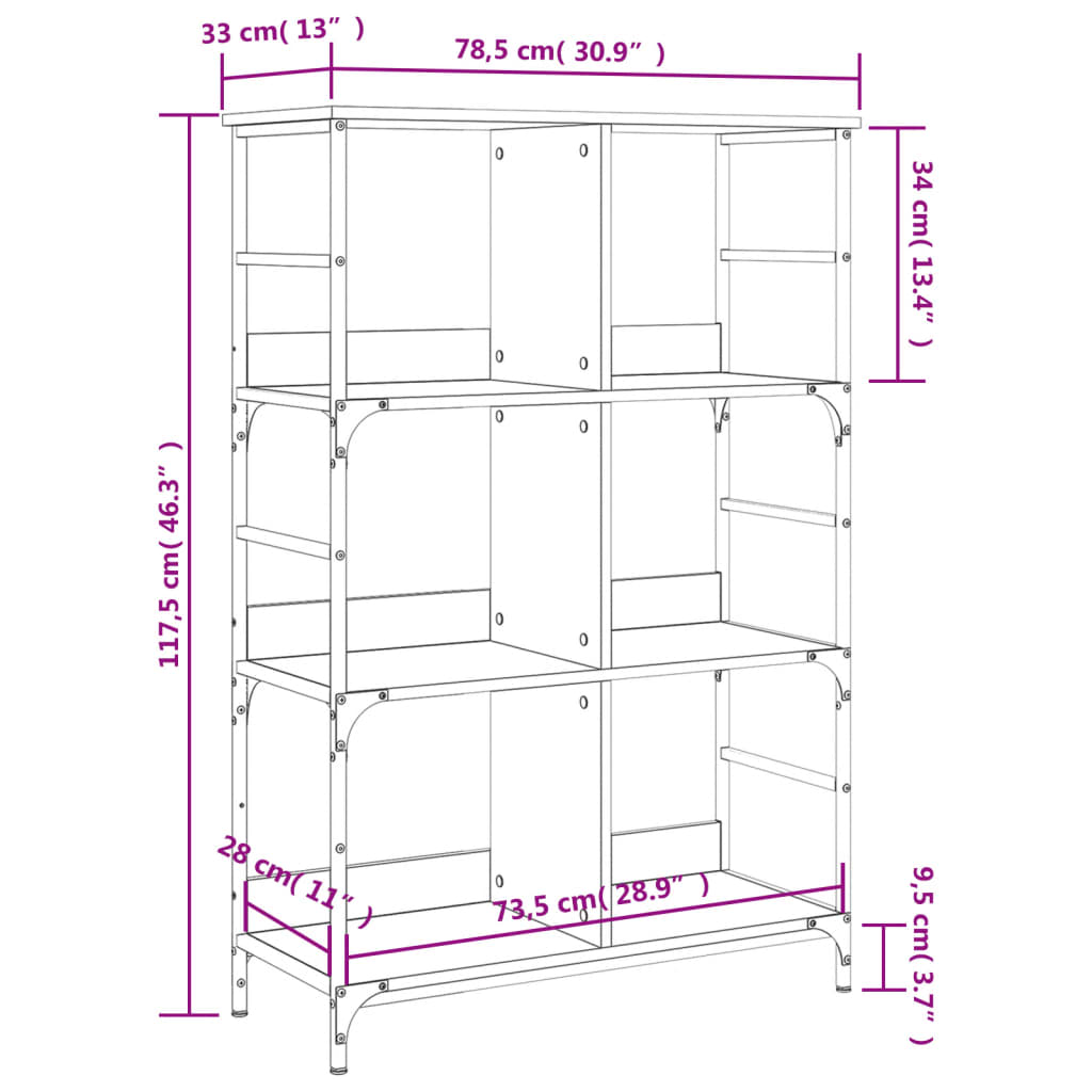 vidaXL Bokhylle sonoma eik 78,5x33x117,5 cm konstruert tre