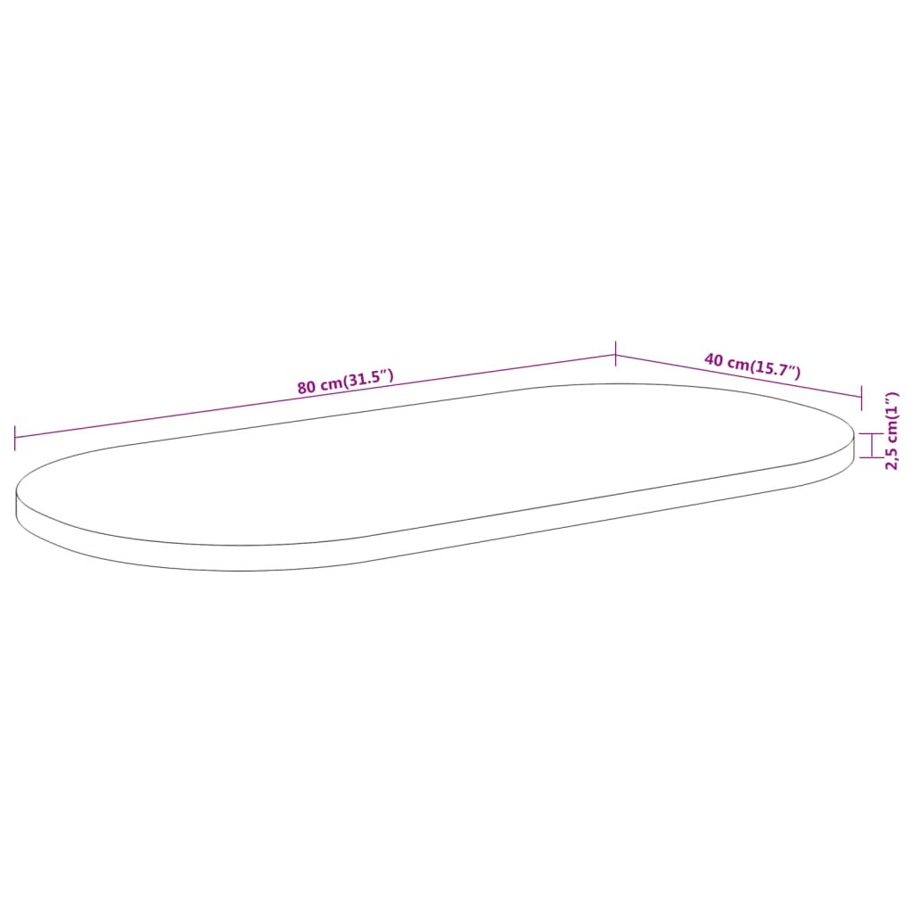 vidaXL Bordplate 80x40x2,5 cm oval heltre akasie