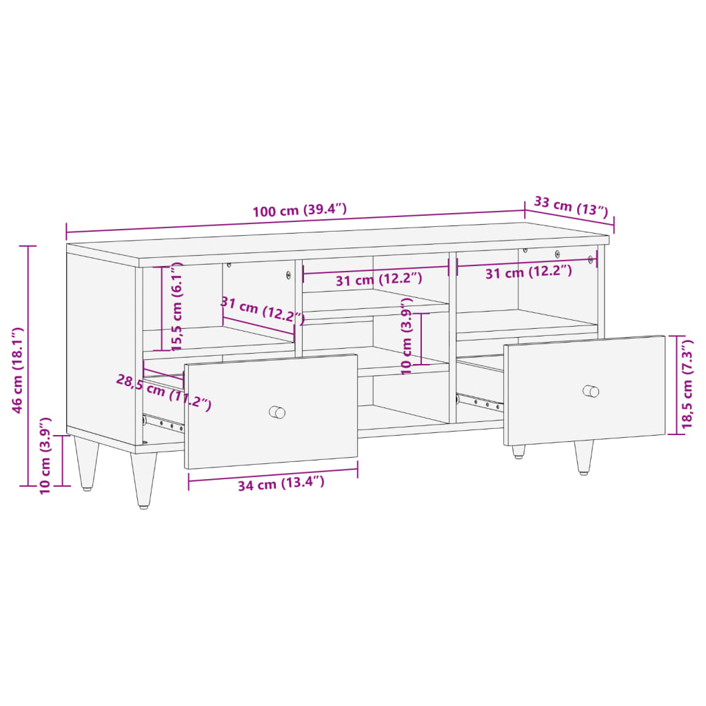 vidaXL TV-benk 100x33x46 cm heltre mango