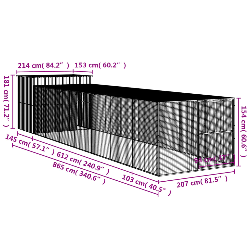 vidaXL Hundehus med tak lysegrå 214x865x181 cm galvanisert stål