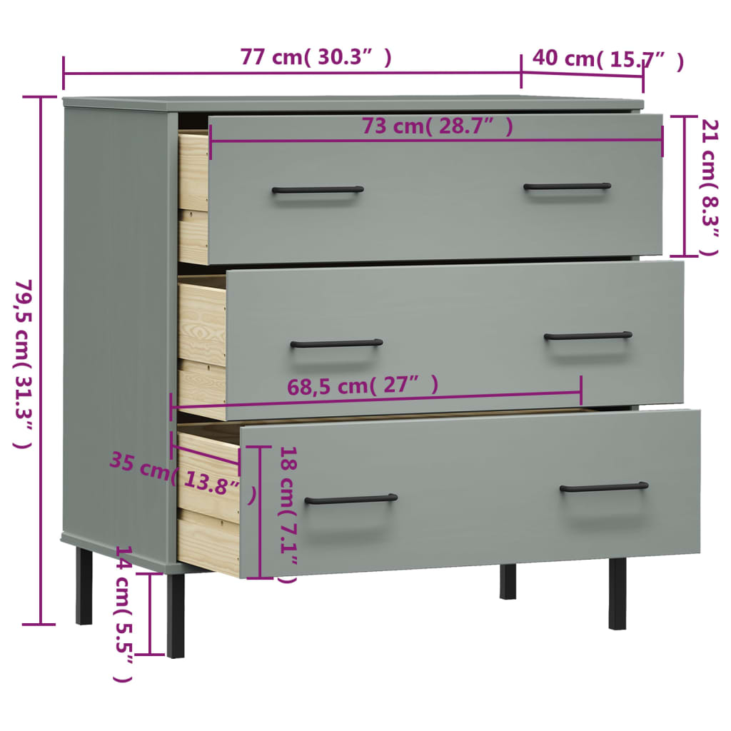 vidaXL Skjenk med 3 skuffer grå 77x40x79,5 cm heltre OSLO