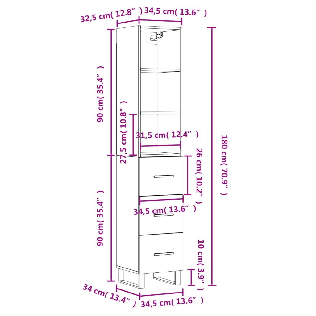 vidaXL Highboard høyglans hvit 34,5x34x180 cm konstruert tre