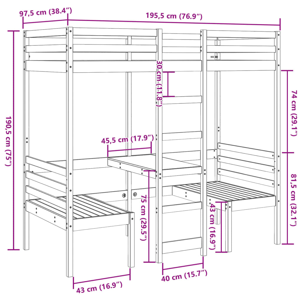 vidaXL Ramme for loftseng skrivebord stoler hvit 90x190 cm heltre furu