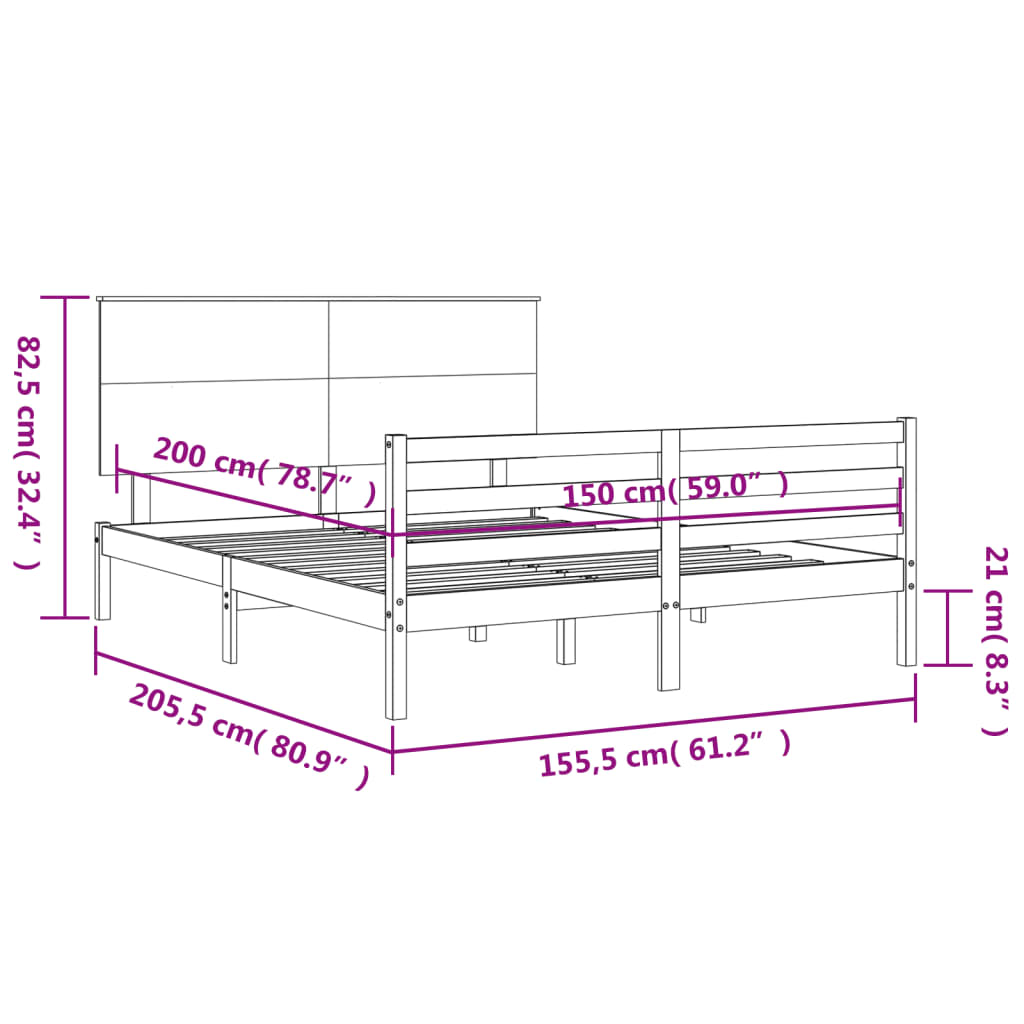 vidaXL Sengeramme med hodegavl hvit 5FT King Size heltre