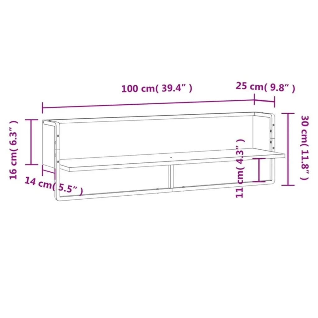 vidaXL Vegghylle med stang røkt eik 100x25x30 cm