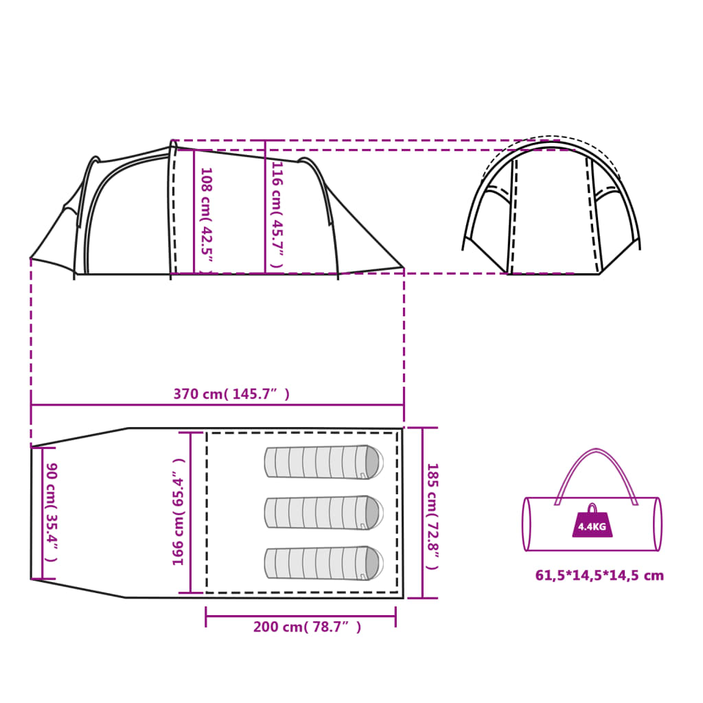 vidaXL Tunneltelt for camping 3 personer oransje vanntett