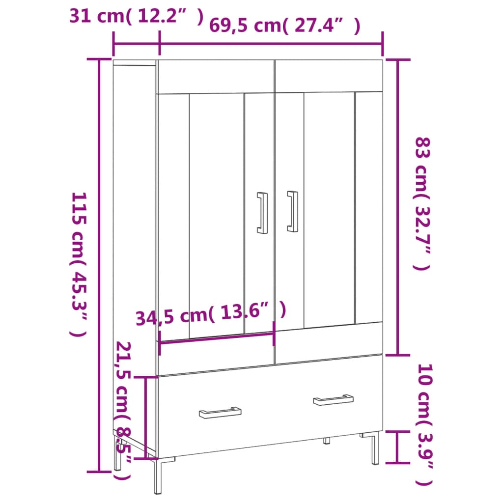 vidaXL Highboard grå sonoma 69,5x31x115 cm konstruert tre