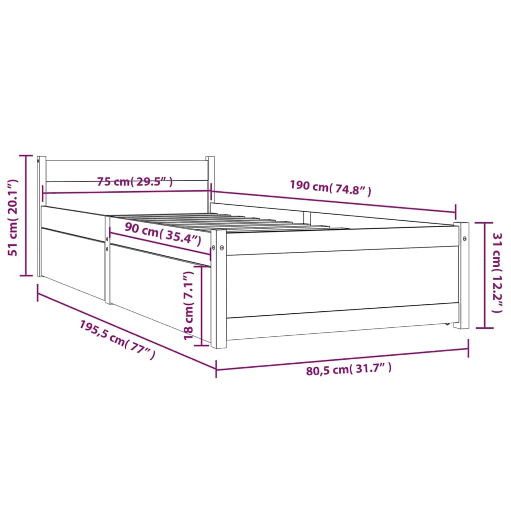 vidaXL Sengeramme med skuffer 75x190 cm Small Single