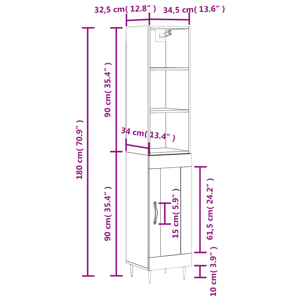 vidaXL Highboard betonggrå 34,5x34x180 cm konstruert tre