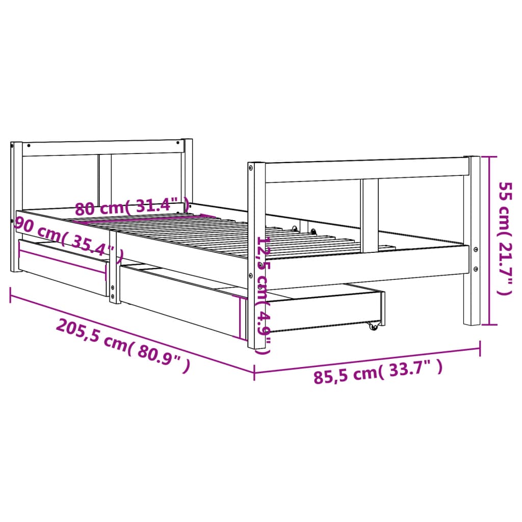 vidaXL Barnesengeramme med skuffer 80x200 cm heltre furu